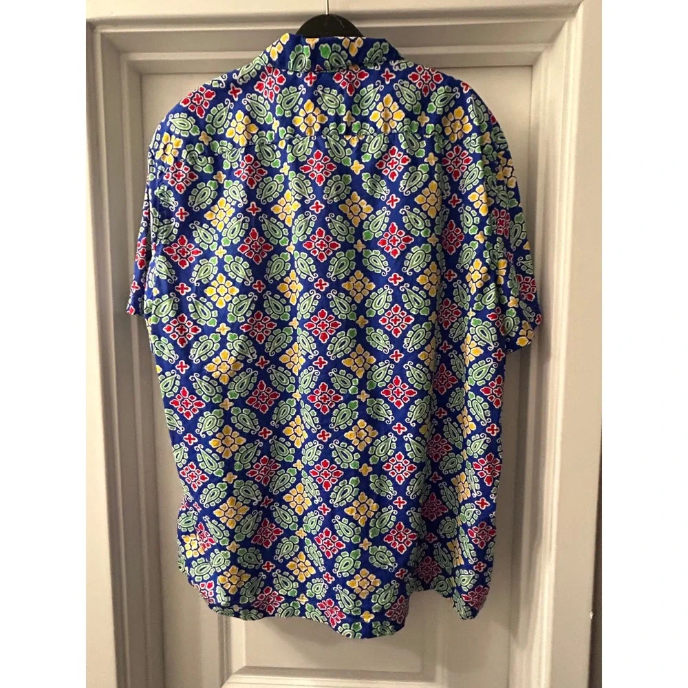 J Crew Mens XL Re-Imagined Slub Cotton Camp Collar Short Sleeve Blue Shirt Retro